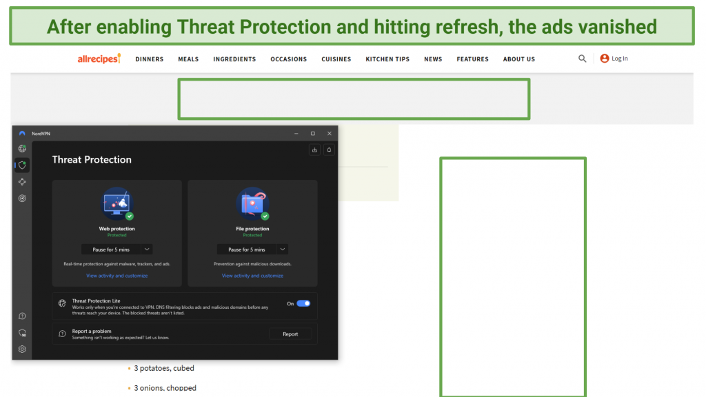 A screenshot of allrecipescom with no ads and NordVPN Threat Protection activated